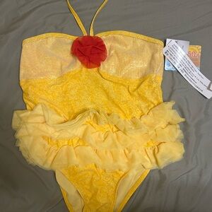 Disney Yellow Kids One Piece belle Swimsuit with Red rose
